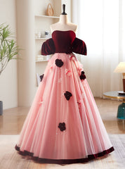 Pink Tulle Burgundy Velvet Sweetheart Prom Dresses