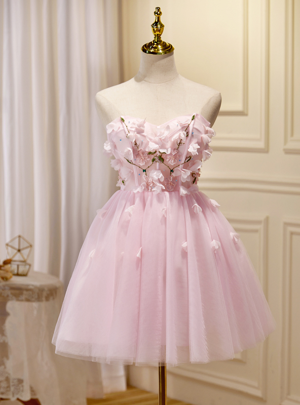 Pink Tulle Flower Homecoming Dress