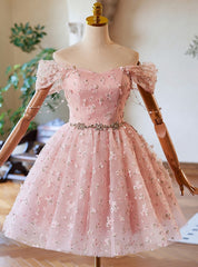 Pink Tulle Flower Off the Shoulder Homecoming Dresses