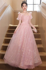 Pink Tulle Flowers Floor Length Prom Dresses, Beautiful A-Line Evening Party Dresses