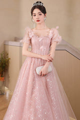 Pink Tulle Flowers Floor Length Prom Dresses, Beautiful A-Line Evening Party Dresses