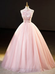 Pink Tulle Halter Flower Beading Quinceanera Dresses