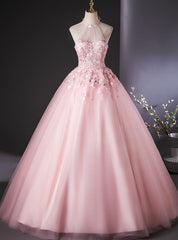 Pink Tulle Halter Flower Quinceanera Dresses