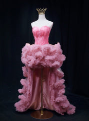 Pink Tulle  Strapless Feather Prom Dresses