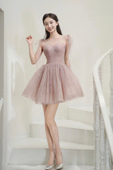 Pink Tulle Knee Length Prom Dresses, Cute A-Line Party Dresses