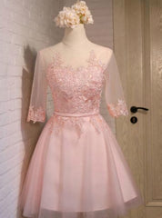 Pink Tulle Lace 3/4 Sleeve Homecoming Dresses