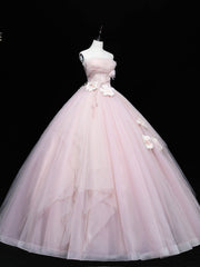 Pink Tulle Lace Applique Long Prom Dresses, Pink Sweet 16 Dresses