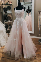 Pink Tulle  Lace Appliques A Line Open Back Long Prom Dresses, Pink Party Dresses