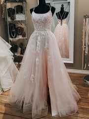 Pink Tulle  Lace Appliques A Line Open Back Long Prom Dresses, Pink Party Dresses