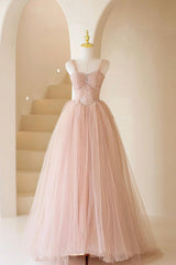 Pink Tulle Lace Long Formal Dresses, Beautiful A-Line Off Shoulder Pink Prom Dresses