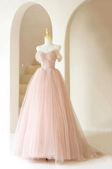 Pink Tulle Lace Long Formal Dresses, Beautiful A-Line Off Shoulder Pink Prom Dresses