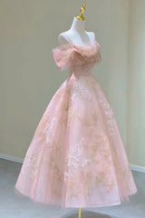 Pink Tulle Lace Short A-Line Prom Dress, Cute Off the Shoulder Party Dress