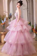 Pink Tulle Layers Long A-Line Prom Dresses, Pink Sweetheart Neckline Evening Gown