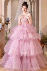 Pink Tulle Layers Long A-Line Prom Dresses, Pink Sweetheart Neckline Evening Gown