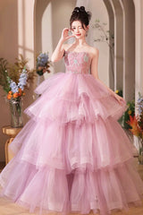 Pink Tulle Layers Long A-Line Prom Dresses, Pink Sweetheart Neckline Evening Gown