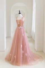 Pink Tulle Long A-Line Prom Dresses, Lovely Pink Evening Graduation Dresses