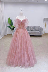 Pink Tulle Long A-Line Prom Dresses with Bow, Pink Evening Graduation Dresses