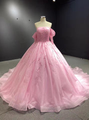 Pink Tulle Long Sleeve Off the Shoulder Pearls Prom Dresses