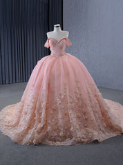 Pink Tulle Off the Shoulder 3D Flower Prom Dresses