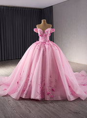 Pink Tulle Off the Shoulder 3D Flower Prom Princess Dresses