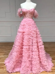 Pink Tulle Off the Shoulder Beading Tiers Prom Dresses