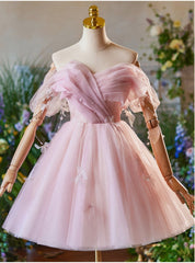 Pink Tulle Off the Shoulder Pleats Pearls Homecoming Dresses