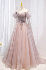 Pink Tulle Off the Shoulder Prom Dress with Beaded, A-Line Formal Evening Dress