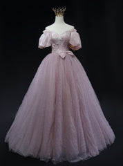 Pink Tulle Off the Shoulder Prom Dresses