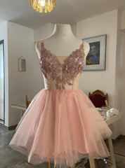 Pink Tulle Sequins Appliques Homecoming Dresses