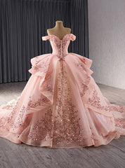 Pink Tulle Sequins Appliques Prom Dresses