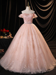 Pink Tulle Sequins Beading Off the Shoulder Quinceanera Dresses