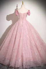 Pink Tulle Sequins Long A-Line Prom Dress, Pink Off Shoulder Evening Dress