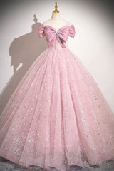 Pink Tulle Sequins Long A-Line Prom Dress, Pink Off Shoulder Evening Dress