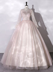 Pink Tulle Sequins Long Sleeve V-neck Quinceanera Dresses