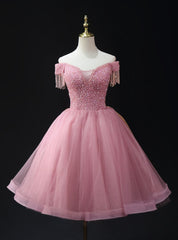 Pink Tulle Sequins Off the Shoulder Beading Homecoming Dresses