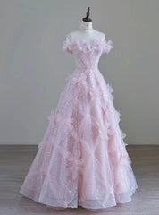 Pink Tulle Sequins Off the Shoulder Flower Prom Dresses