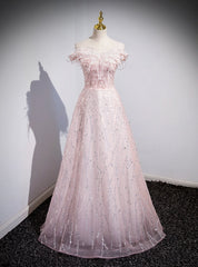 Pink Tulle Sequins Off the Shoulder Pearls Prom Dresses