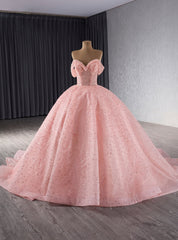 Pink Tulle Sequins Off the Shoulder Princess Prom Dresses