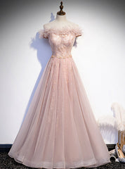 Pink Tulle Sequins Off the Shoulder Prom Dresses