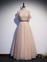 Pink Tulle Sequins Pearls Pleats Prom Dresses