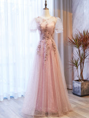 Pink Tulle Sequins Puff Sleeve Appliques Prom Dresses