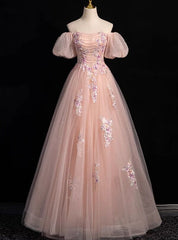 Pink Tulle Sequins Puff Sleeve Flower Prom Dresses