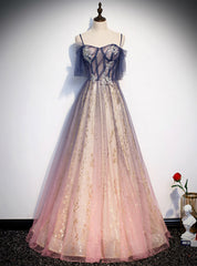 Pink Tulle Sequins Spaghetti Straps Appliques Prom Dresses