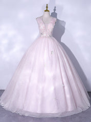 Pink Tulle Sequins V-neck Appliques Beading Quinceanera Dresses