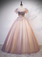 Pink Tulle Short Sleeve Appliques Pearls Quinceanera Dresses