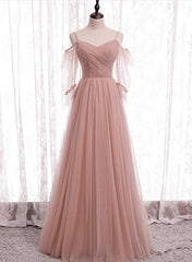 Pink Tulle Simple A-line Long Wedding Party Dresses Pink Formal Dresses prom dresses shops