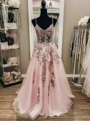 Pink Tulle Spaghetti Straps Appliques Prom Dresses