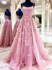 Pink Tulle Spaghetti Straps Flower Prom Dresses