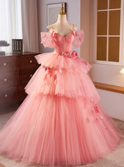 Pink Tulle Spaghetti Straps Pleats Flower Prom Dresses