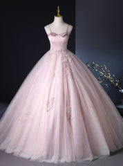 Pink Tulle Spaghetti Straps Sequins Appliques Prom Dresses